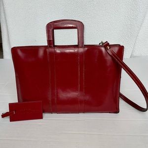 Pristine 80s Tourtech oxblood leather briefcase, unused detachable strap, ID tag